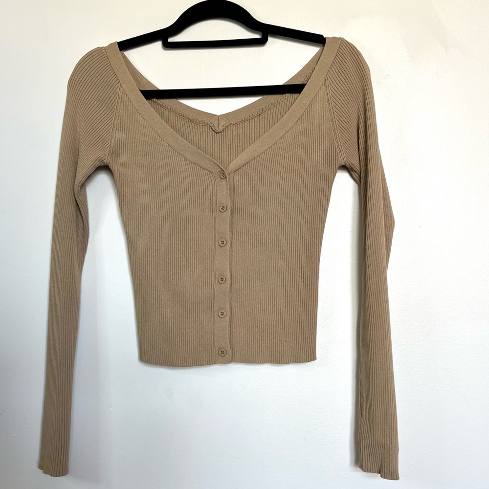 Tan Ribbed Button-Up Women's Top - Picture 2 of 4